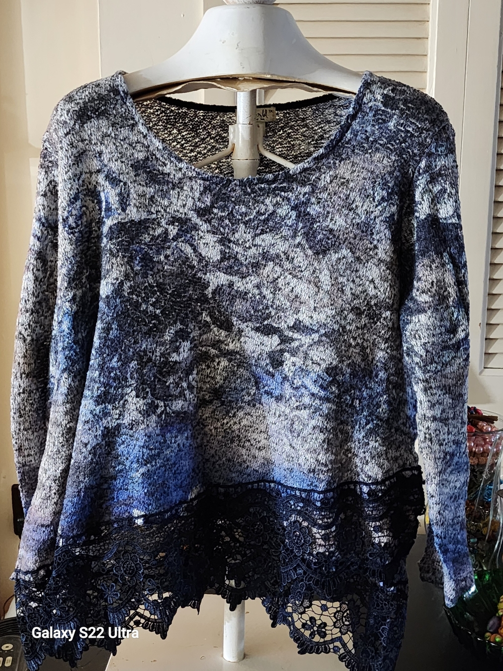 ONE WORLD Blue and Gray Knit Top with Lace Trim